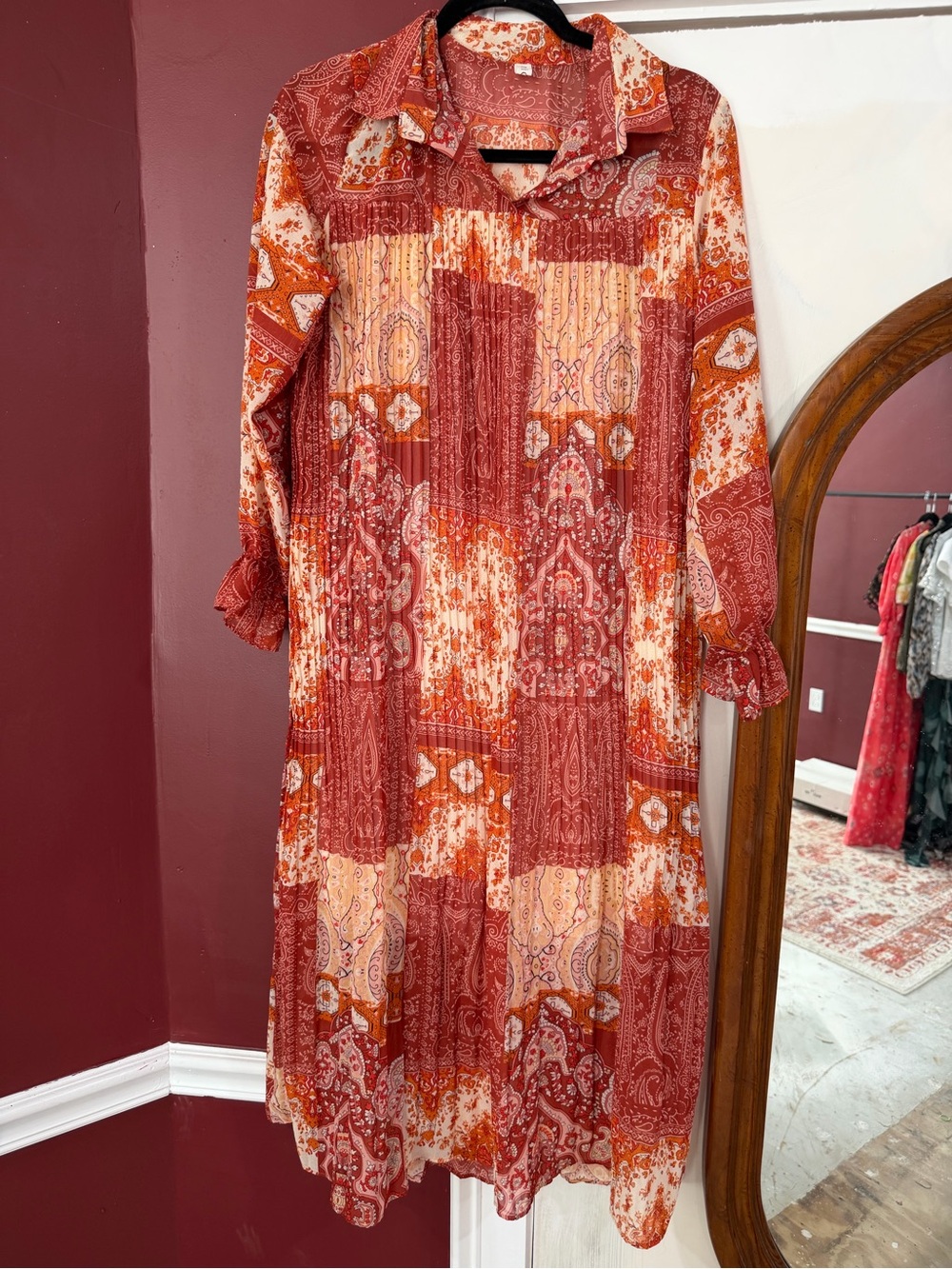 Bohemian Patchwork Midi Dress in Rust Red